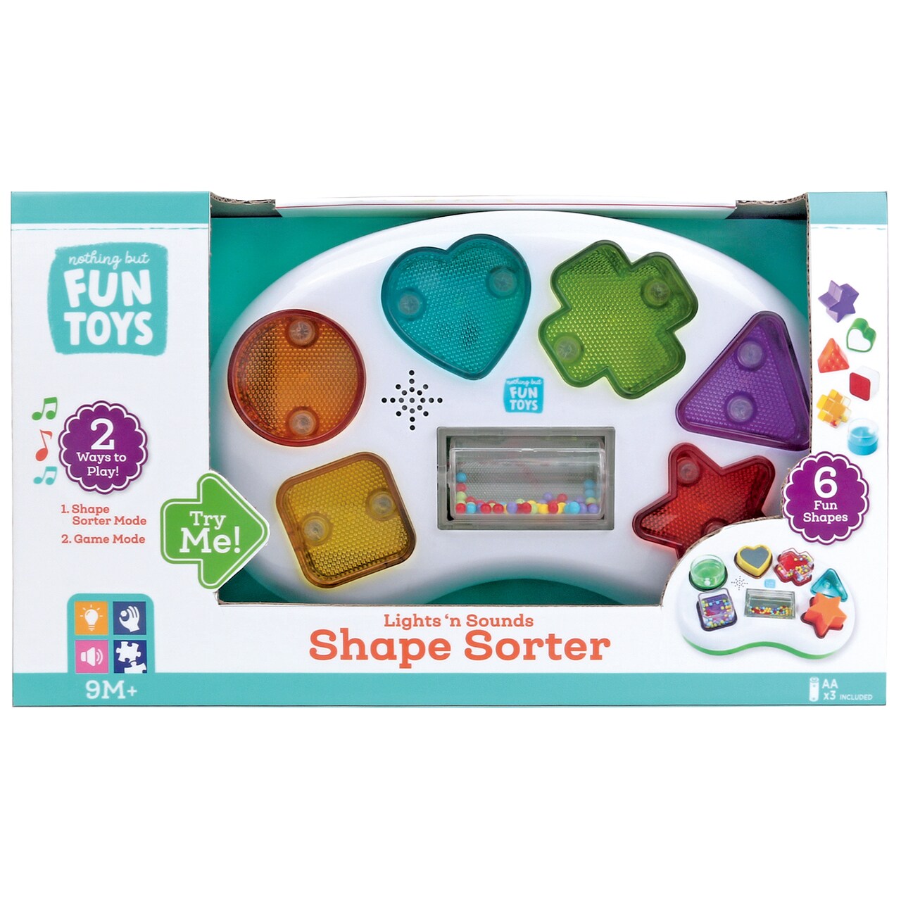 Nothing But Fun Toys: Lights & Sounds - Shape Sorter - Sensory Toy, 2 Play Modes, 3 Languages, Color Matching, Piece Placement, Baby-Toddlers 9 Mo+